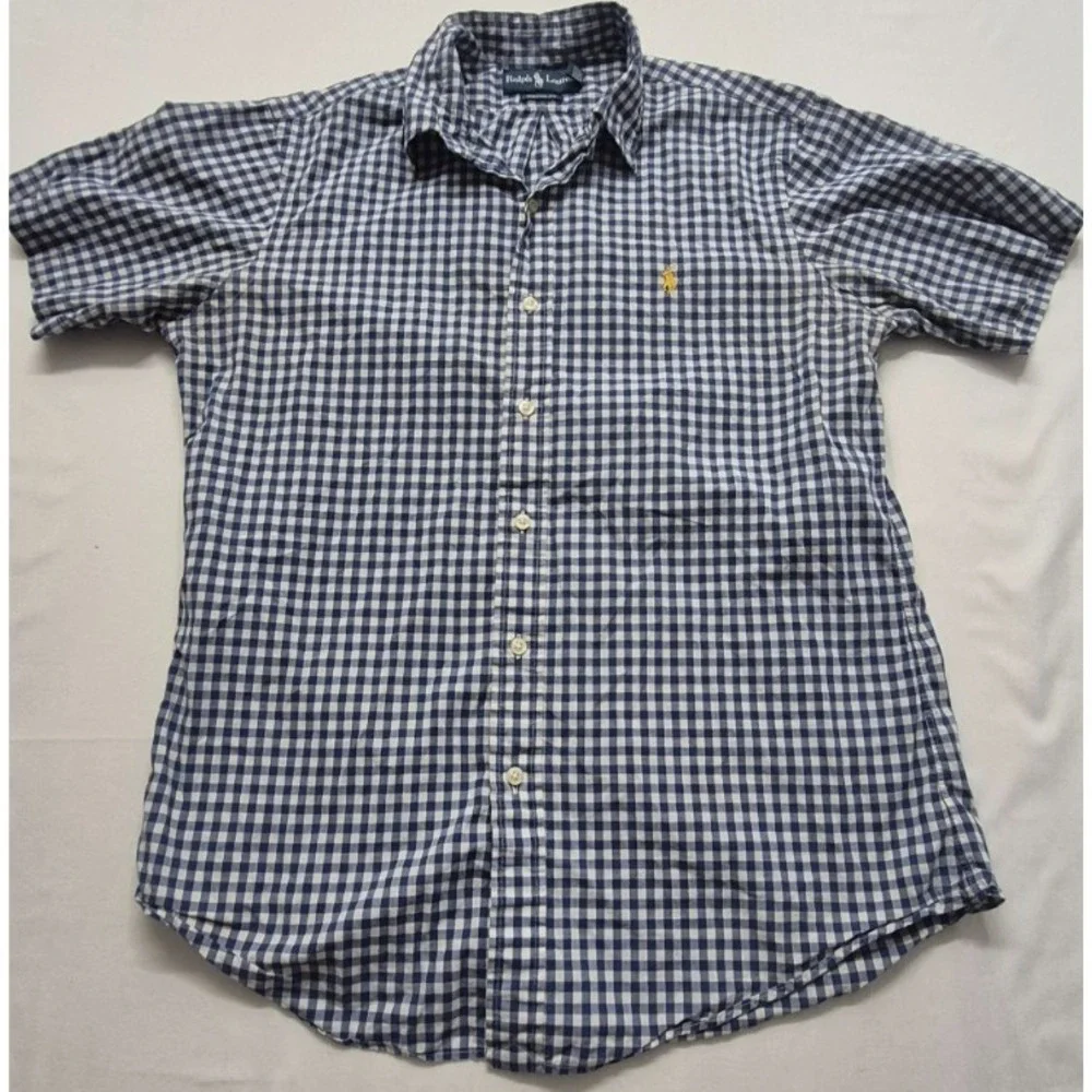 Ralph Lauren Men's‎ blue/white checker shirt Medium Button up Cotton yellow logo